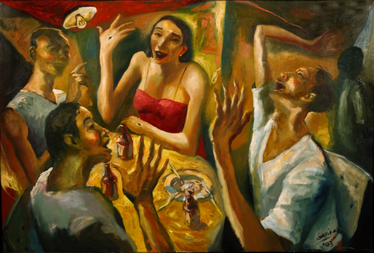 Painting of the meal at which Jesus breaks the bread and the disciples recognise him. Jesus is depicted as a woman with scars in her hands.